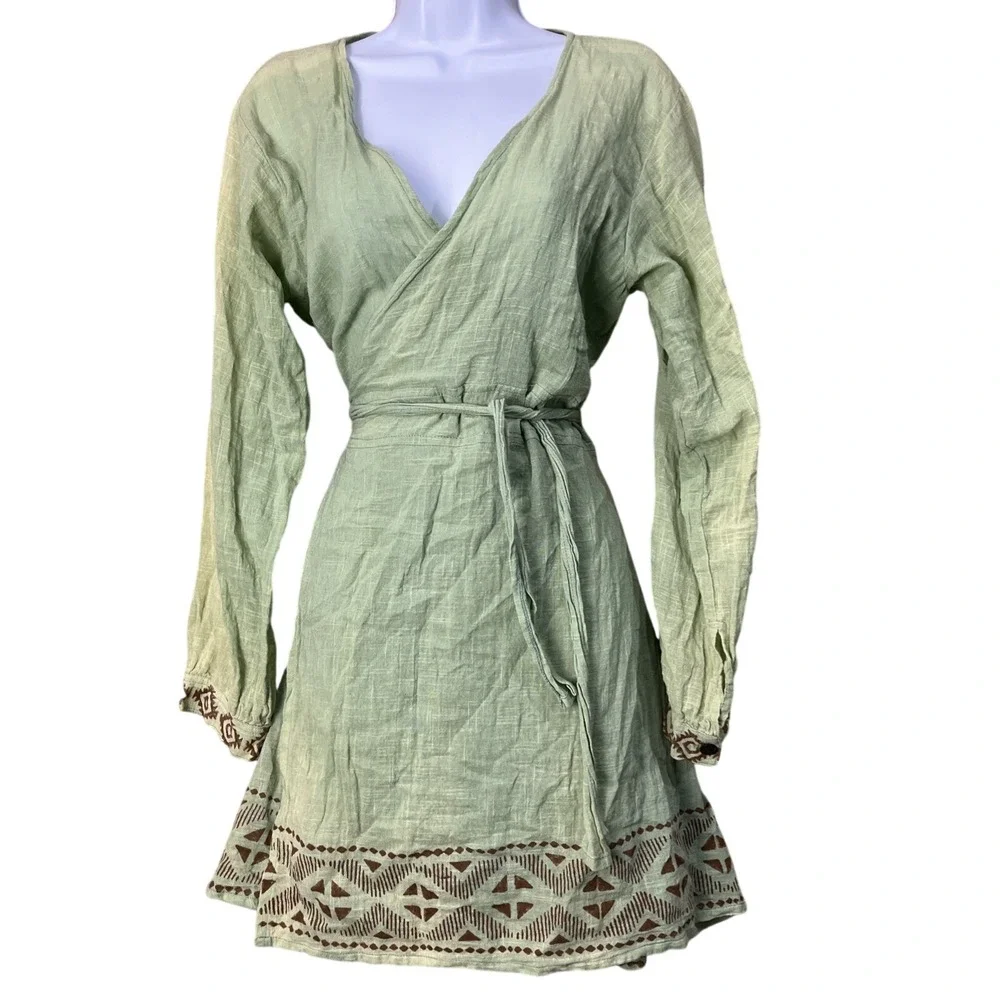 Yamuna Hand Dyed Wrap Dress Womens OS‎ Green Cotton Boho Tribal Block Print Folk